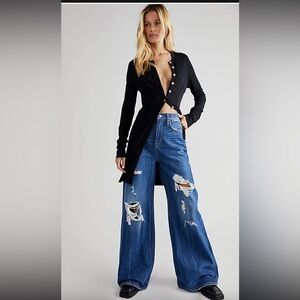 Free People Ellie Wide Leg Western Destroyed Jeans